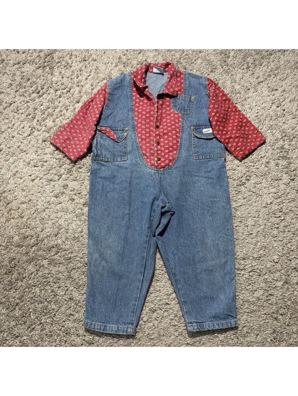 Vintage 1980s Baby Guess Toddler Denim Jumpsuit Bandana Undershirt Lined Size 3